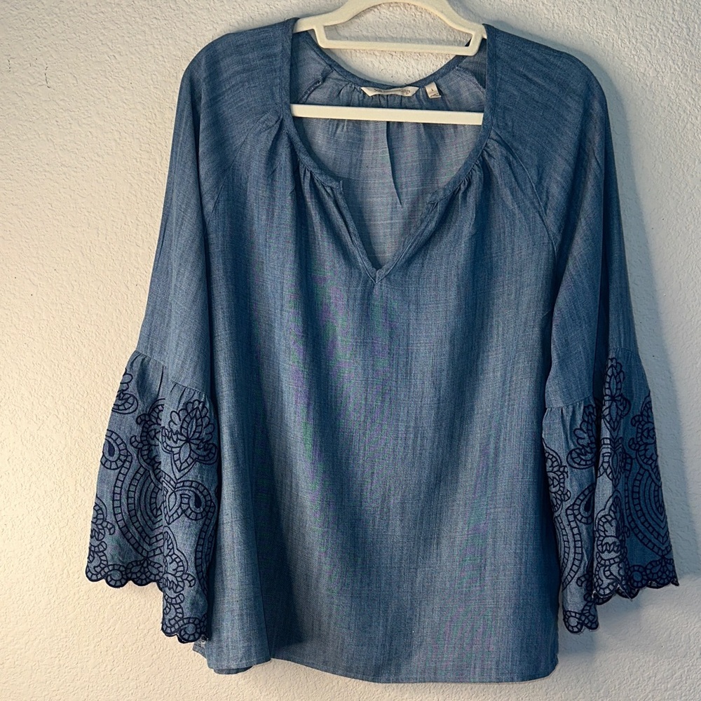 Soft Surroundings Blue Blouse with‎ Lace Accents